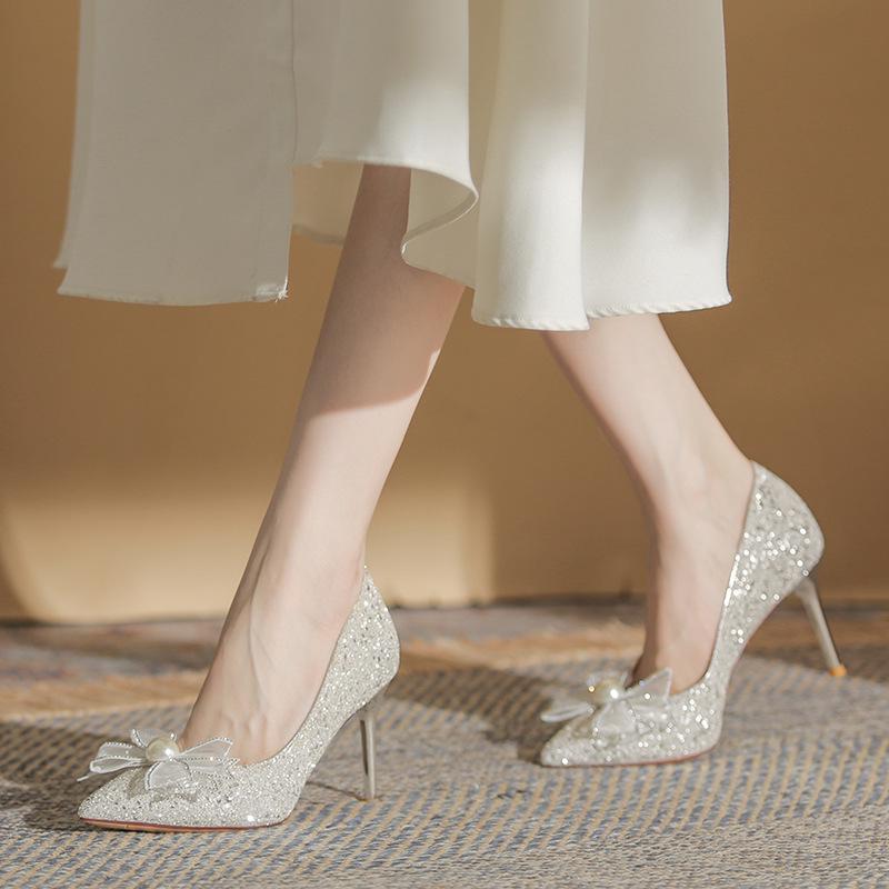 Champagne Gold Crystal Bow High Heels for Women - Elegant French Niche Bridal Shoes