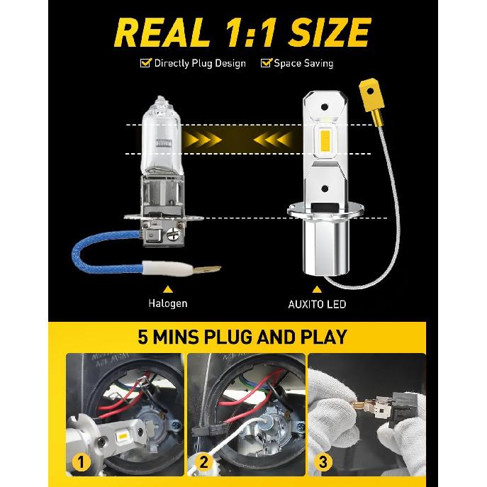 AUXITO H3 LED Bulb Yellow 3000K, 16,000LM 600% Super Brighter, 10 Years Lifespan, 1:1 Size Plug-n-Play, 100% Perfect Tallation, H3 LED Fog Lighr Bulb