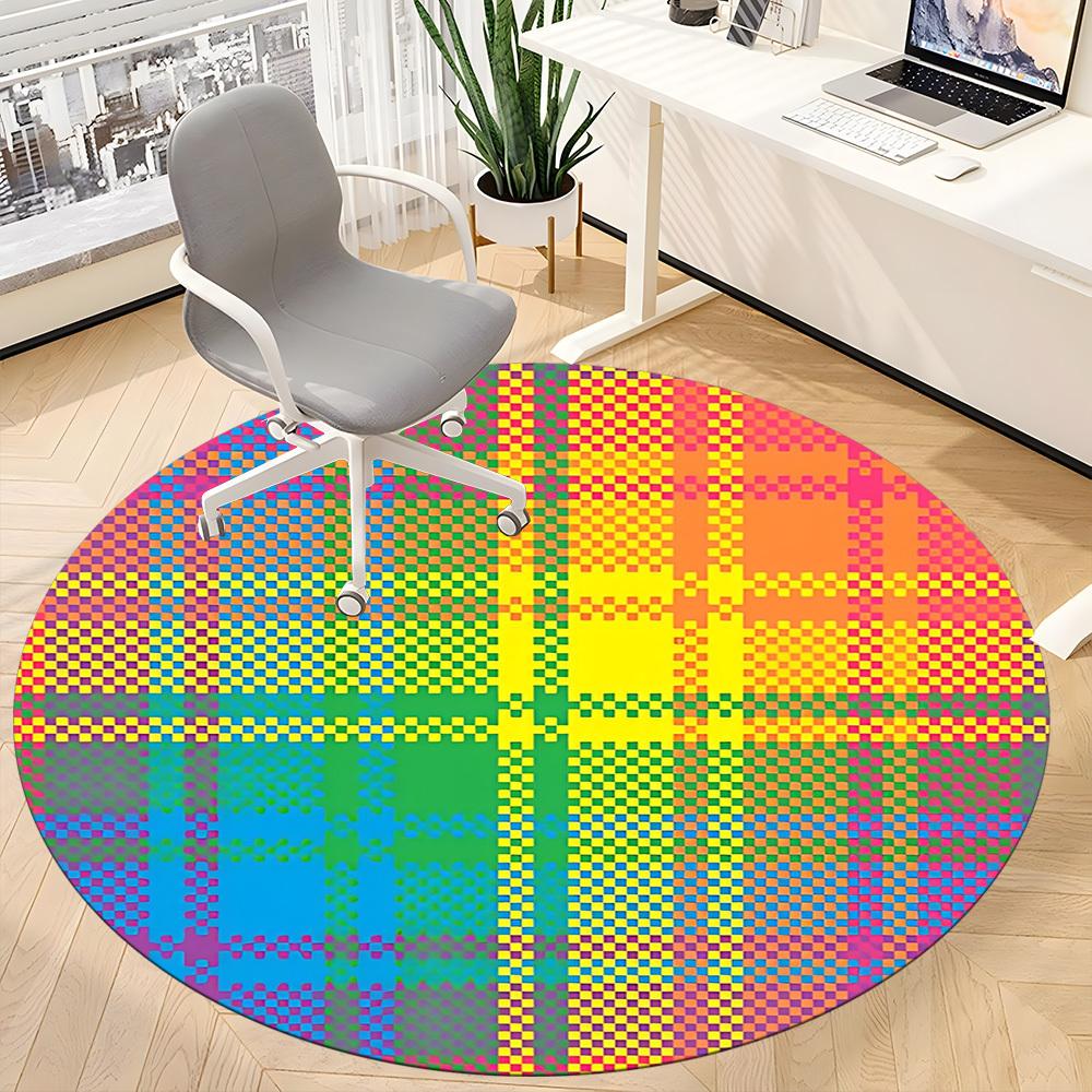 1pc Colorful Plaid Pattern Chair Carpet for Office, Round Polyester Mat, Indoor Decor for Office, Easycare Fabric, Washable Non-slip Area Carpet