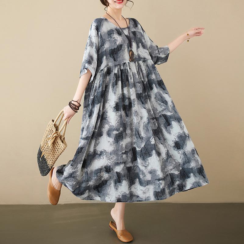 Summer New Loose Big Yards Retro Ethnic Style Cotton and Linen Ink Printing Short-sleeved Dress Women's Round Neck Long Skirt