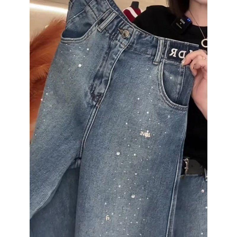 Blue Rhinestone Denim Female Popular This Year New Arrival High Waist Loose Shiny Beautiful All-Matching Straight Loose Pants