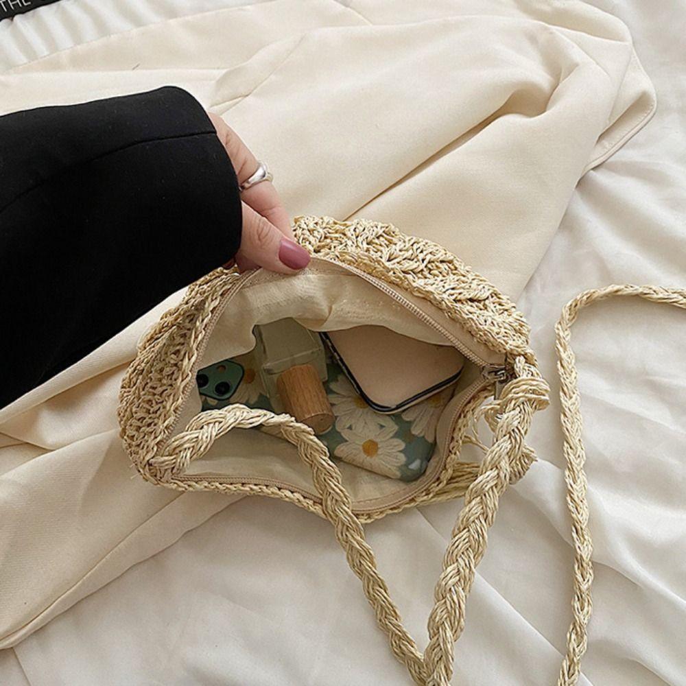 Half-round Straw Weave Bag Handmade Women's Crossbody Bag Trendy Woven Shoulder Bag  Beach