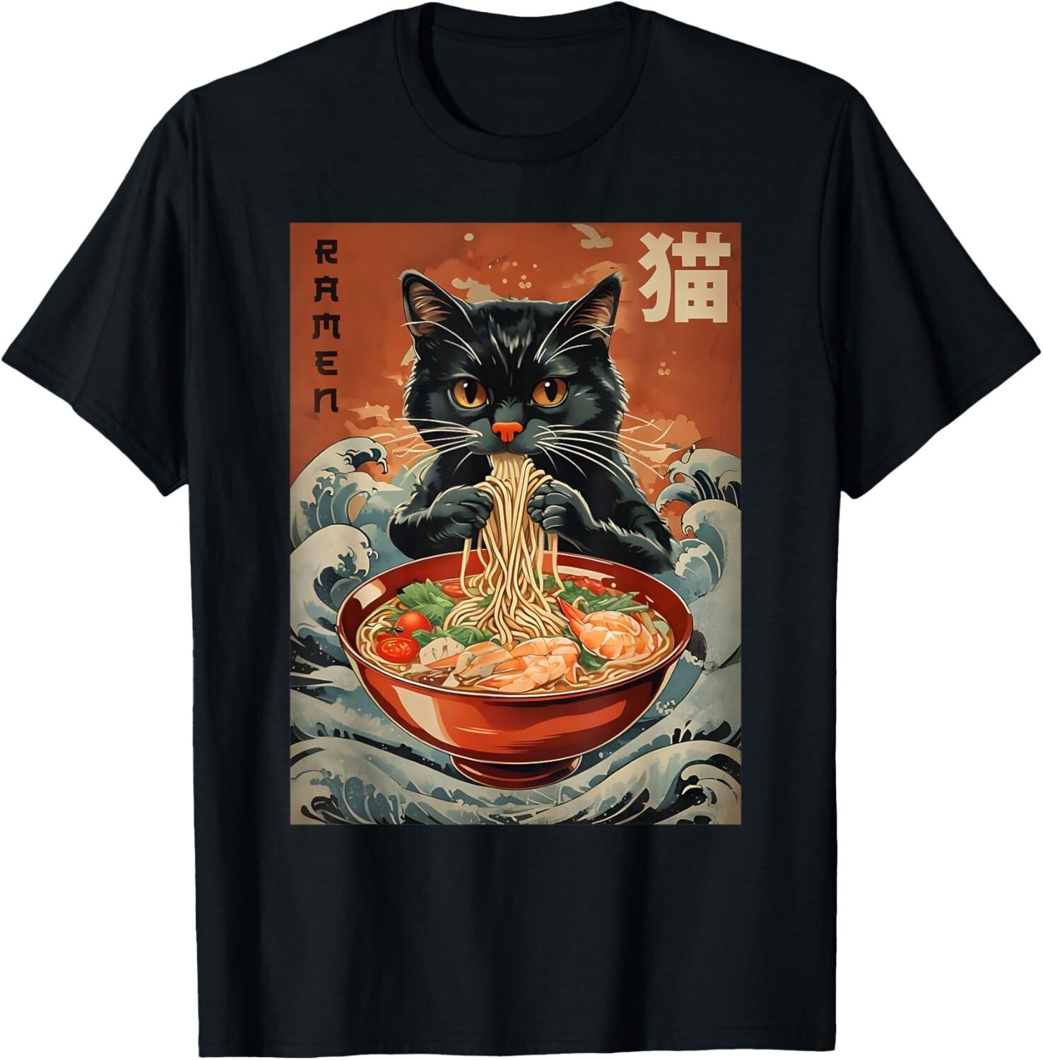 Cat Ramen Japanese Funny Graphic Tees Kawaii Cat Anime unisex T-Shirt Mens Womens Tees Top L