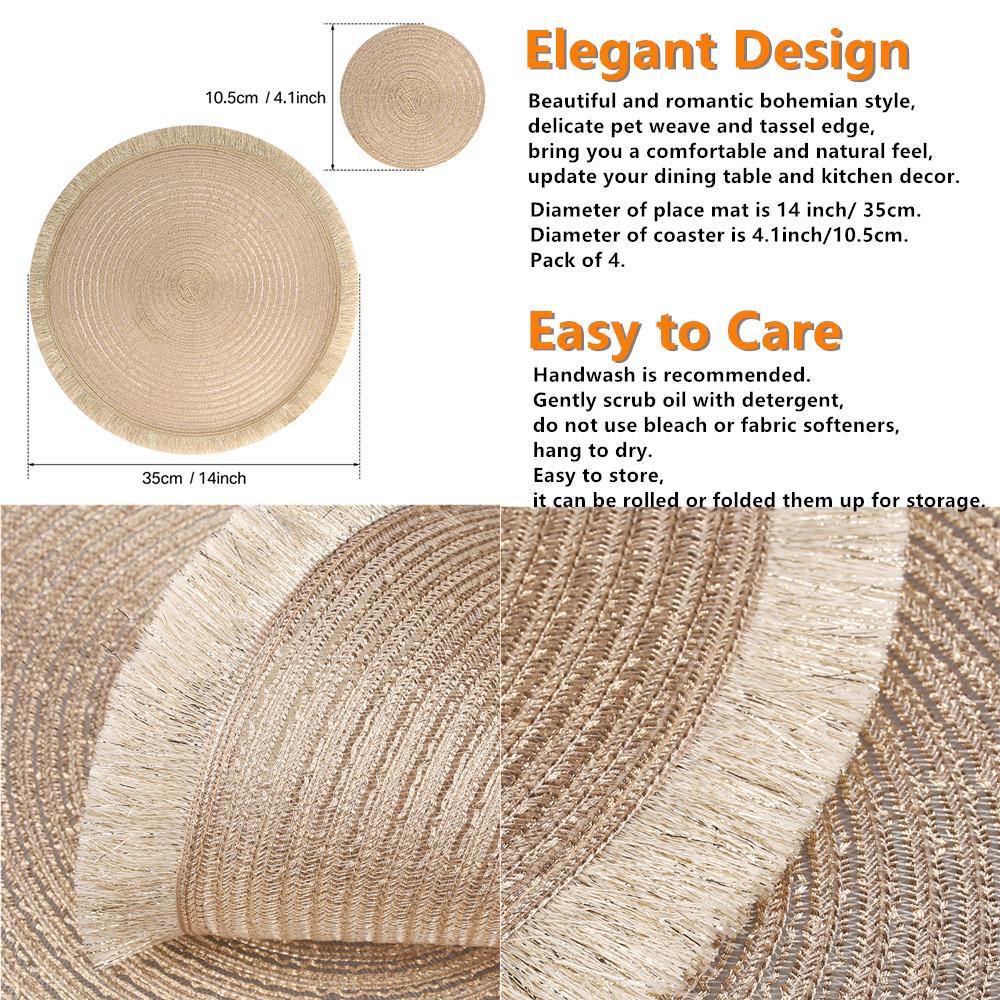 Set of 4/8 PET Woven Round Placemat Tassel Bohemian Table Placemats Heat-resistant Non-slip Table Mats for Home Wedding Kitchen
