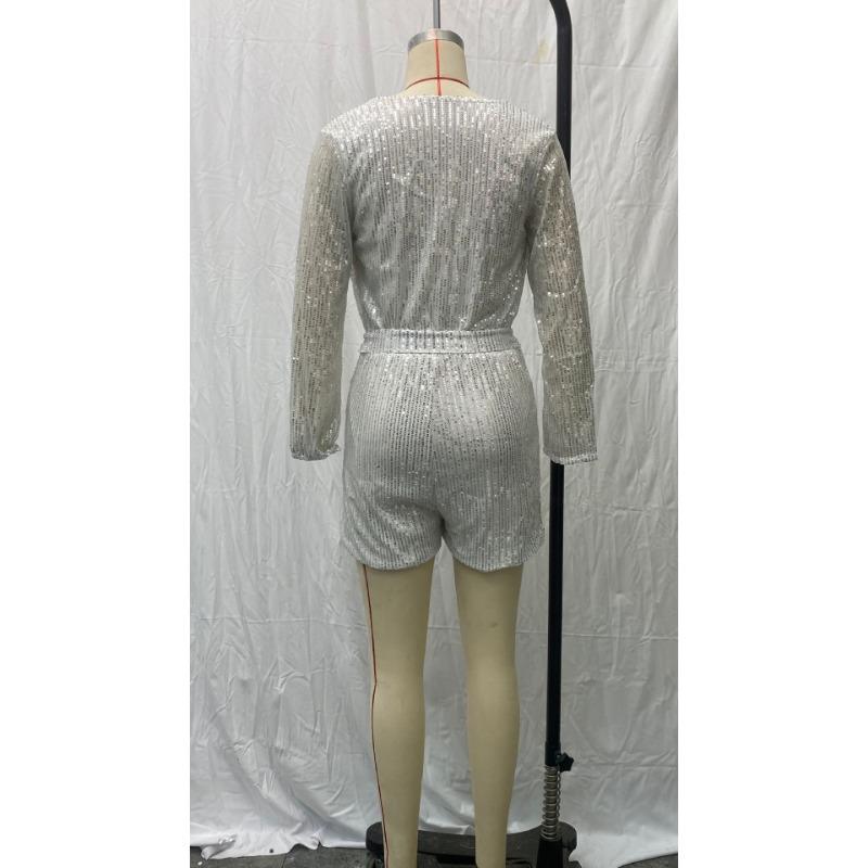 Women's Summer Sequins Long Sleeve Casual Short Jumpsuit