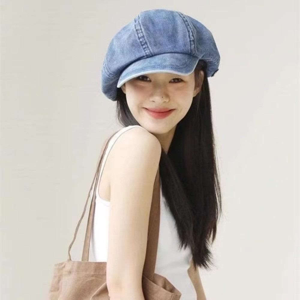 Head Circumference Denim Octagonal Hat British Style Cloud Hat Retro Denim Beret  Ladies