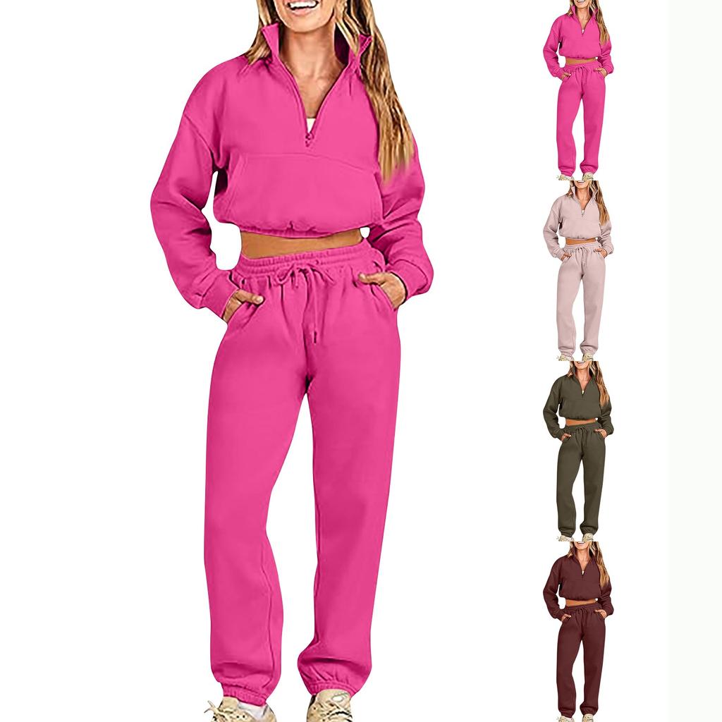 Women's Solid Color Fashion Long Sleeve Zipper Pocket Top Loose Casual Wide Leg Pants Suit