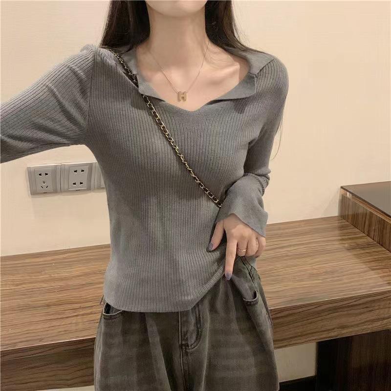 Lapel Base Layer Sweater Women Autumn Winter Womenswear Slim Soft Knit Top