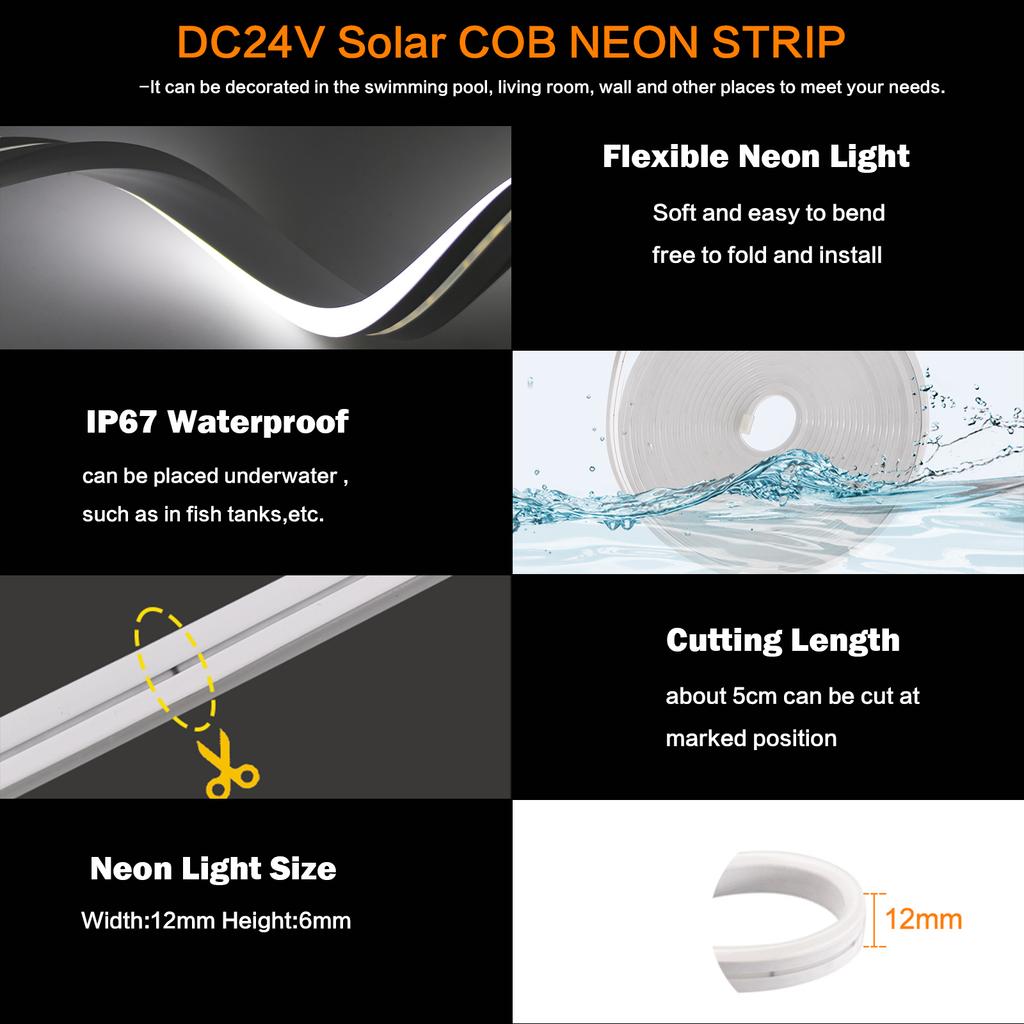 DC24V Solar LED Neon Strip Light Waterproof Warm White Blue Red Pink 6x12mm 2835 120LEDs/m Flexible Neon Rope Light Garden Decor