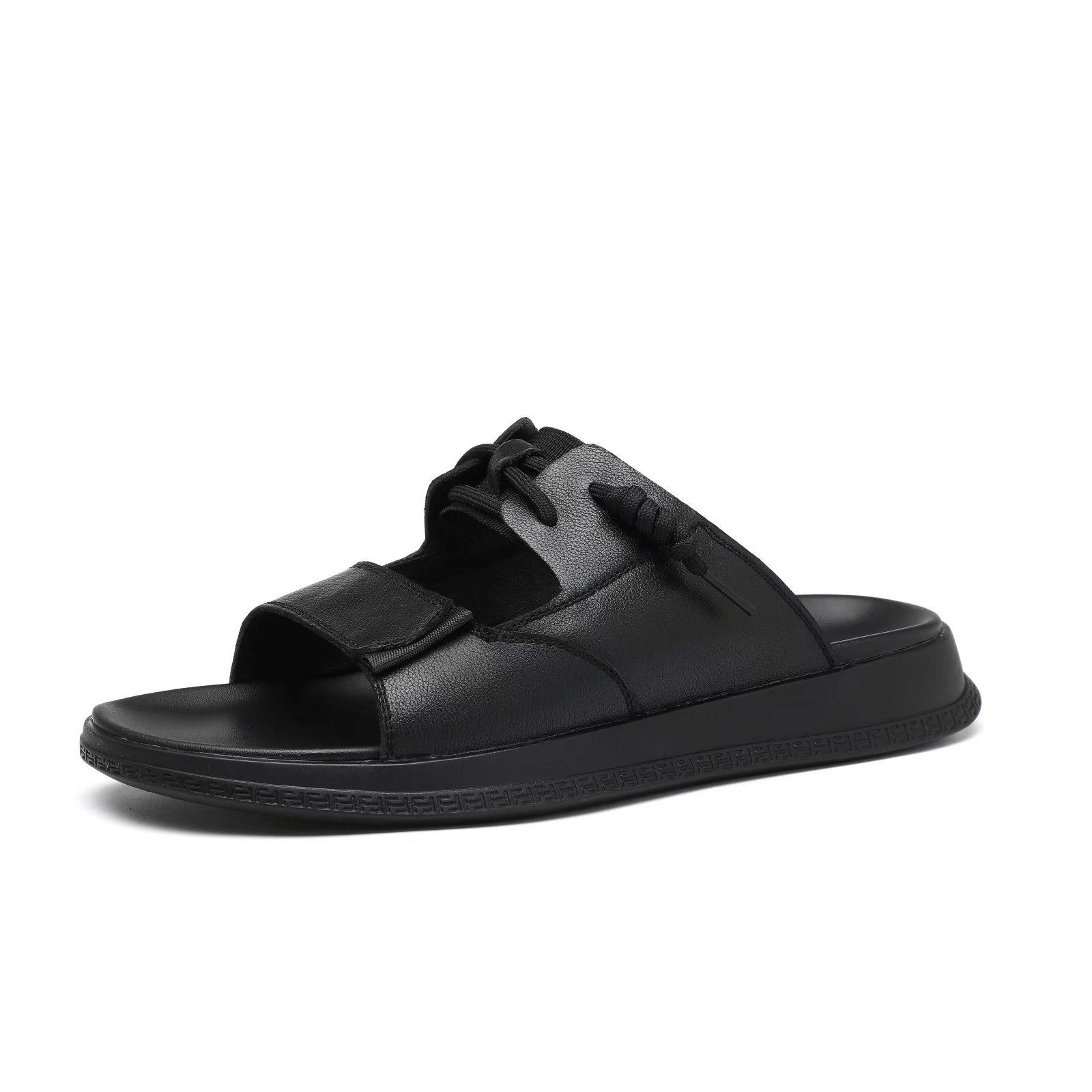 Men s Cowhide Sandals: Non-Slip, Soft-Soled, Breathable Casual Slides for Summer Beach Wear 42 чёрный