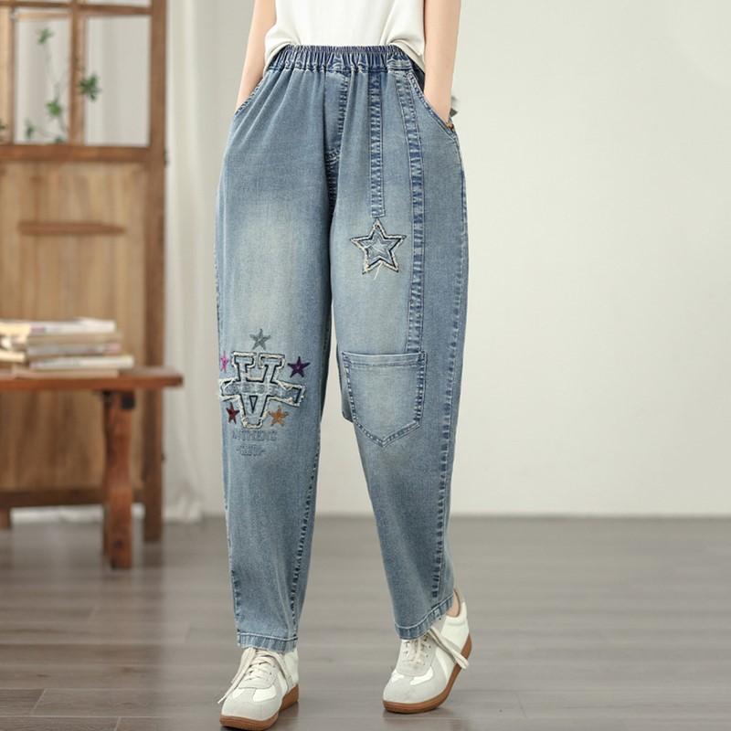 Taglie forti Vintage ricamo vita alta casual larghi Donna Primavera estate autunno jeans denim Pantaloni Harem