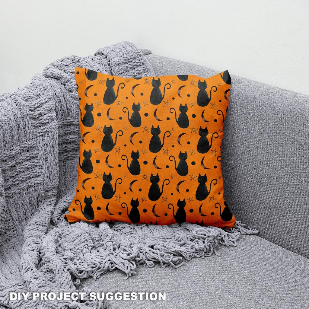Royal Samt Stoff Polyester Zum Nähen - Motiv Schwarze Katze Auf Einem Orangefarbenen