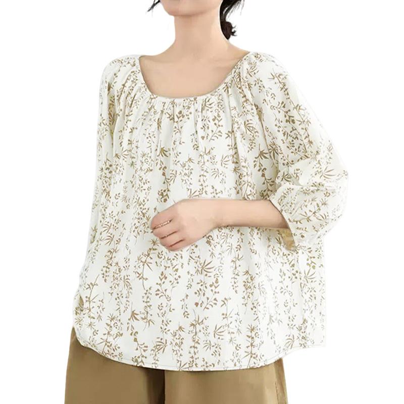 

ZANZEA Женская повседневная блузка с круглым вырезом и рукавом 3/4 с принтом абрикосовый