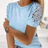 Crew Neck Solid Color Loose Fit Women T-shirt Hollow Lace Patchwork