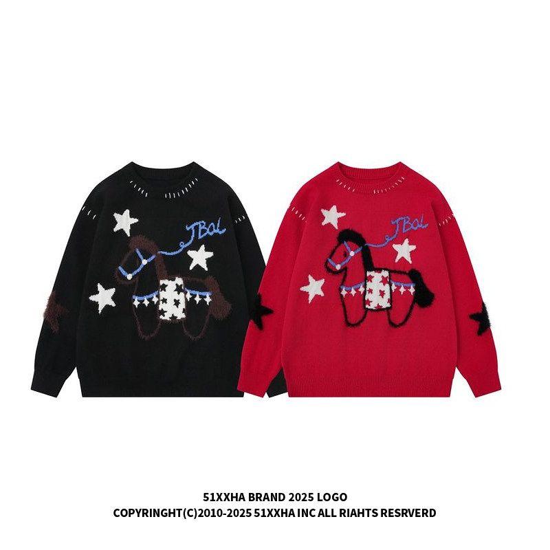 51 Hip-Hop Year of the Horse Zodiac Year Red Sweater Men's Trendy High-End Winter Star Couple New Year Round Neck Knitwear