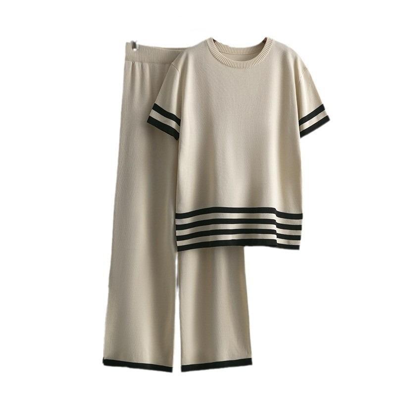 Contrasting Striped Split-ended Short-sleeved Knitted Sweater + High-waisted and Thin Wide-leg Pants and Trousers Fashionable and Casual Two-piece Set