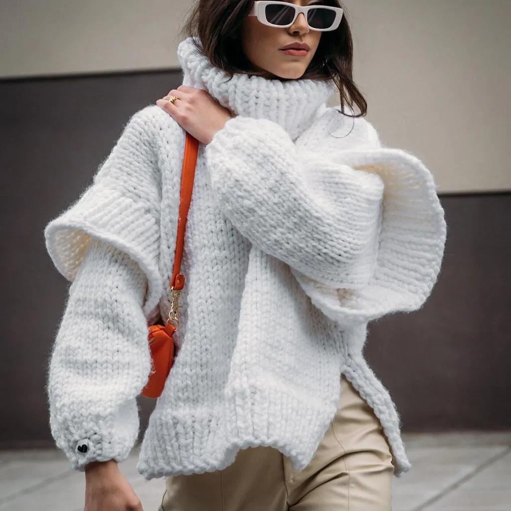 Jednobarevný pletený rolák s dvojitými lucernovými rukávy dámský pulovr silný teplý nadměrný volný top svetr podzim zima šik pletenina