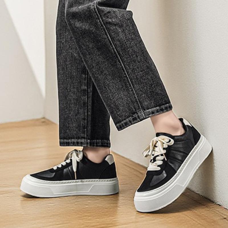 Men Leather German Trainers, Platform Height Increasing Chunky Sole Casual Skate Board Shoes
