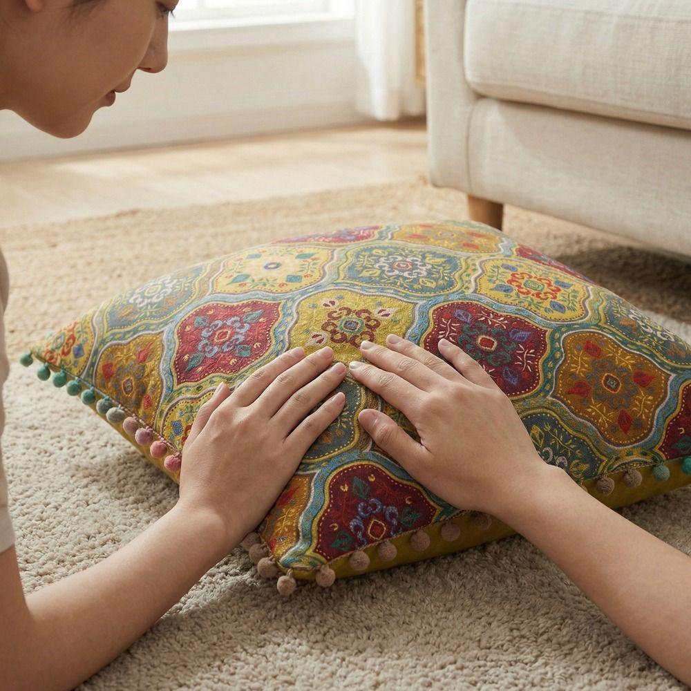 Retro Bohemian Pillow Cushion with Tassel Decorative Printing Ethnic Style Cushion Comfortable Super Soft Decorative Cushion