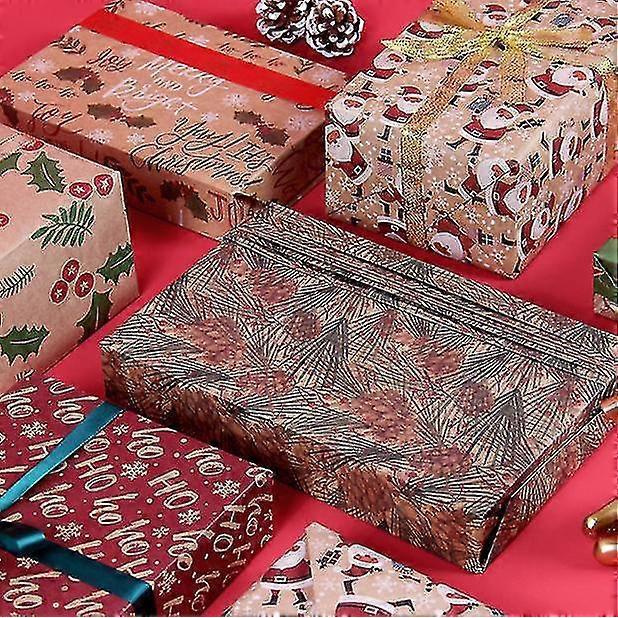 Christmas Wrapping Paper, Made From Recycled Kraft Paper, 6 Folded Sheets 100x44cm With 6 Vintage Designs - Pjun