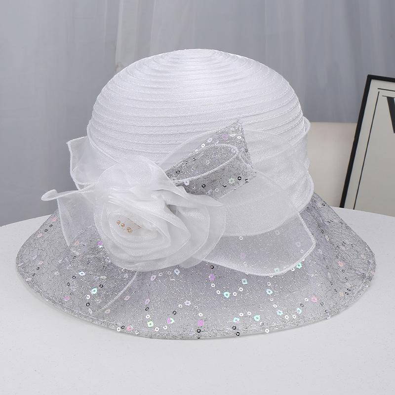 Spring and Summer New Light Luxury Mesh Sequined Top Hat Women's Banquet Sun Hat Three-dimensional Rose Decoration Light and Breathable
