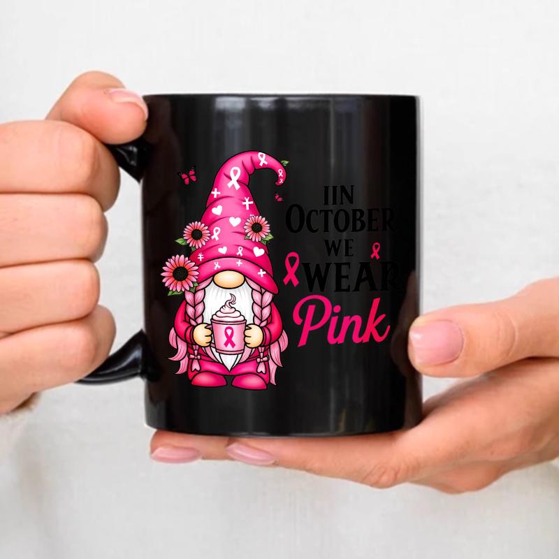 Ceramic mug, black elf with pink ribbon and flowers, October we wear pink breast cancer awareness design for breast cancer aware чёрный