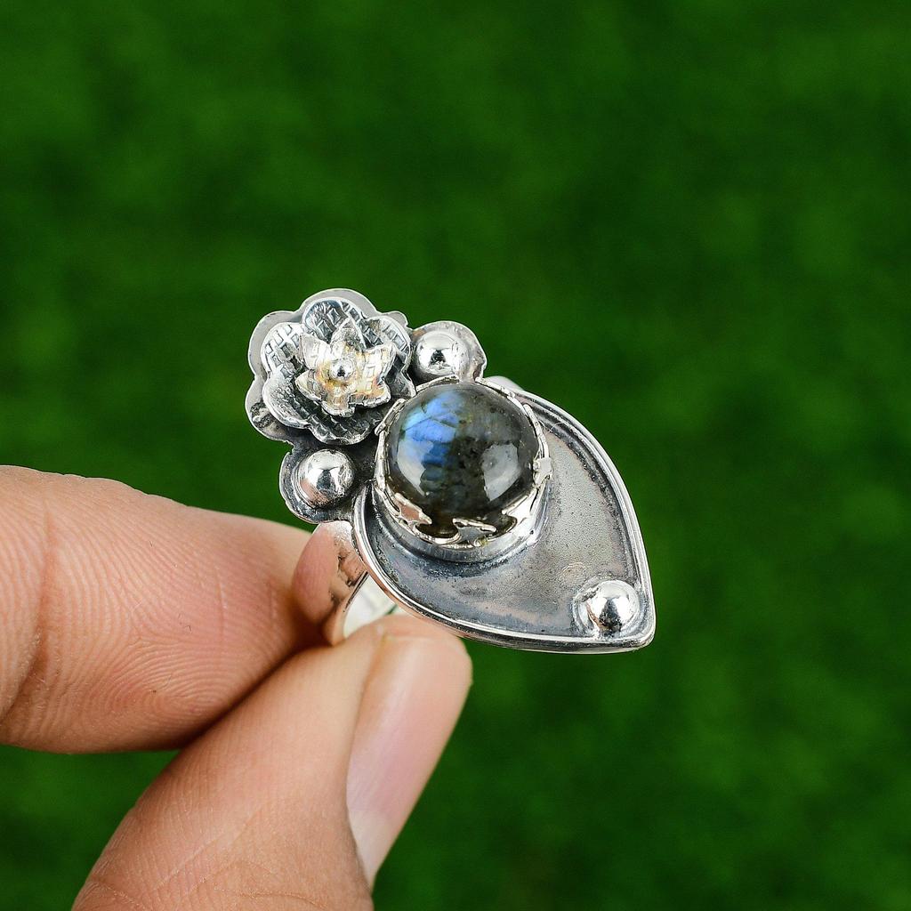 Gift For Her 925 Silver Natural Labradorite Promise Flower Adjustable Ring