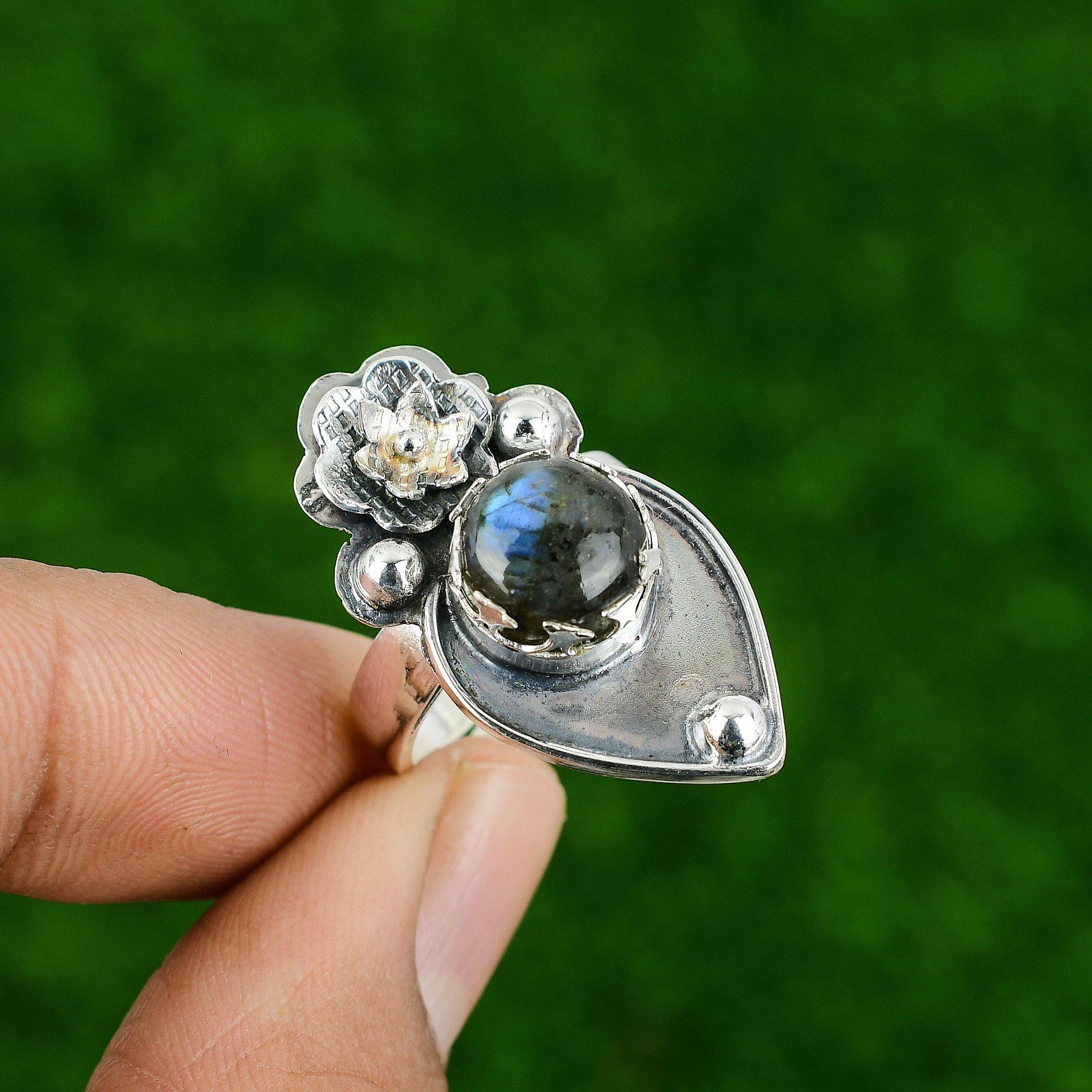 

Подарок для нее Серебряное кольцо 925 пробы с натуральным лабрадоритом, обещание, цветок, регулируемое Adjustable