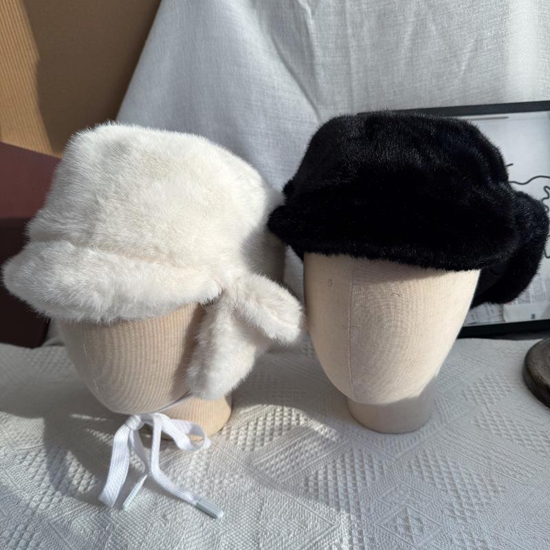 Women Winter Korean Version White Plush Ear Bucket Hat Cycling Cold-Proof Bomber Hat Keep Warm Plush Thickened Bucket Hat