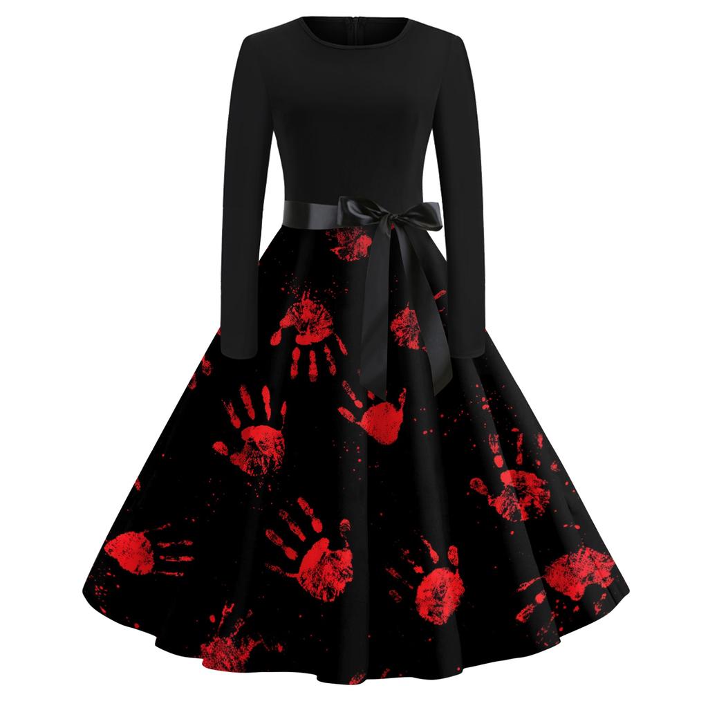 Women's Vintage Long Sleeve Round Neck Dress Halloween Printed Party Dress with Bow Waist Tie and Flared Skirt Suitable for Evening Events