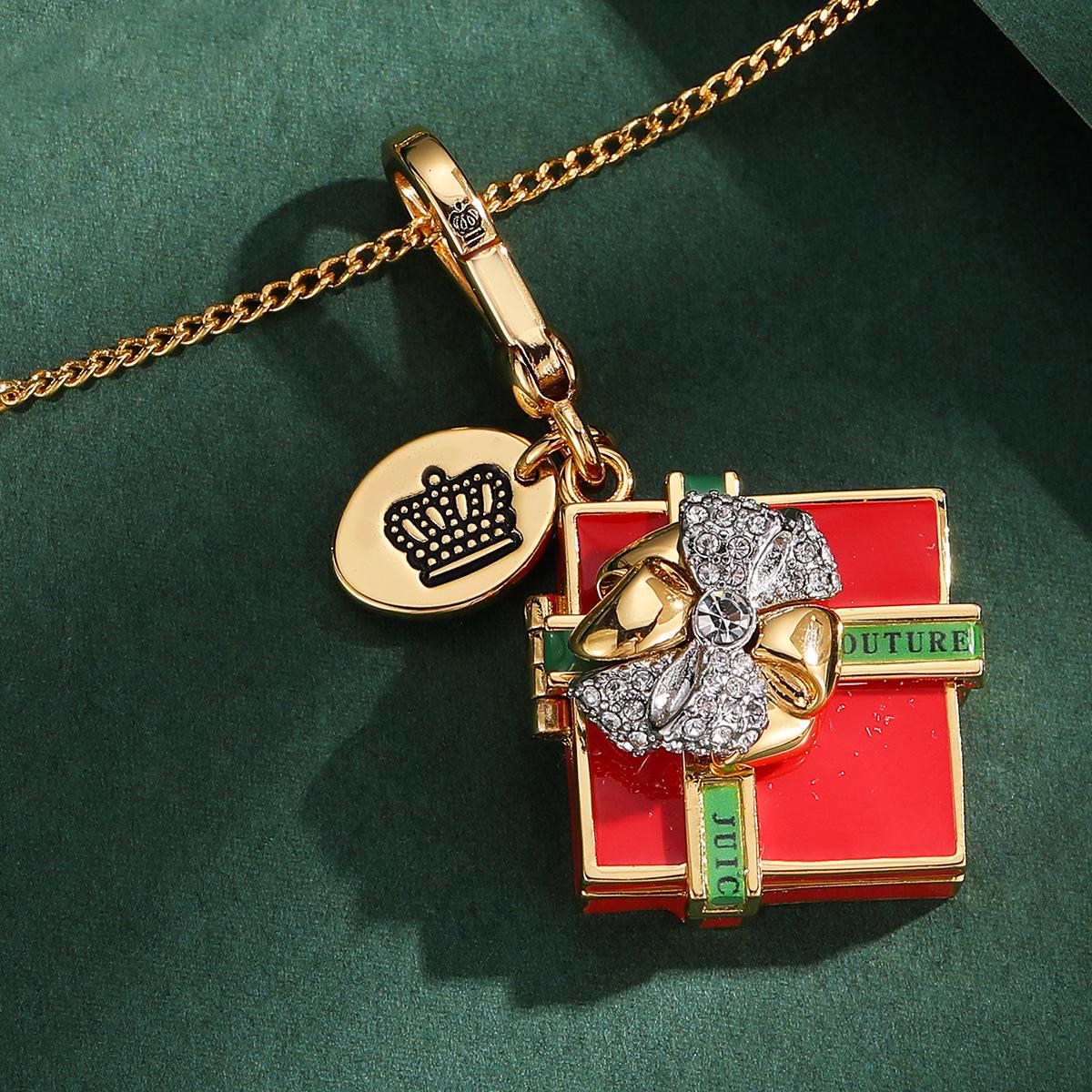 

Cross-Border Fashion Red Bow Enamel Gift Box Pendant Necklace for Women