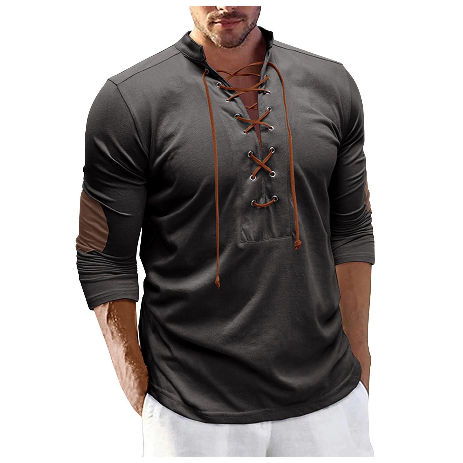 Men s Casual Color Fashion Loose Fit Drawstring Long Sleeve V Neck Shirt L