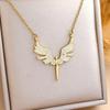 Gradient Diamond Feather Sword Pendant Necklace with Angel Wings Design