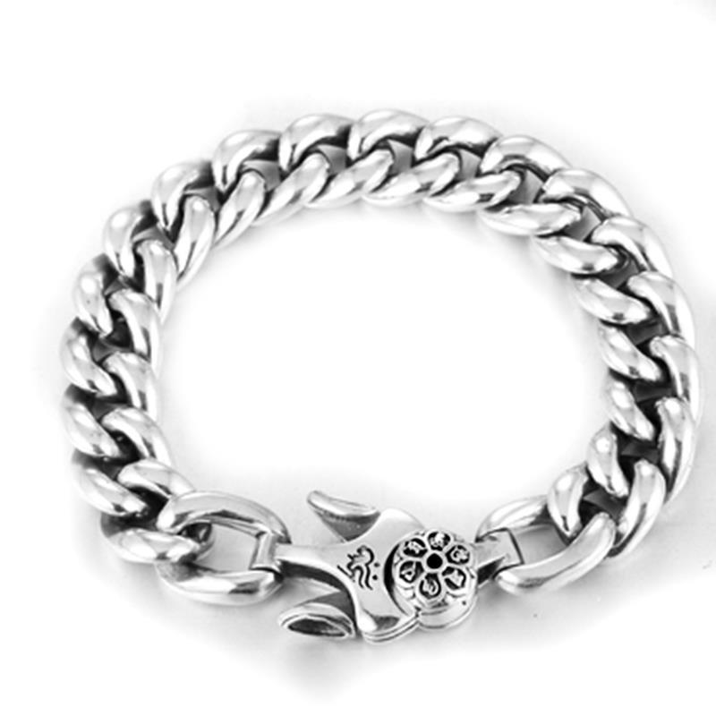 High-end Retro 925 Silver Retro Thai Silver Men's Bracelet Six-character Mantra Simple Personalized Trendy Men's Jewelry