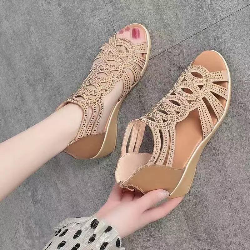 Women Sandals Wedges 2026 New Summer Comfortable Hollow Roman Sandals Elegant Low Heel Shoes for Women Fashion