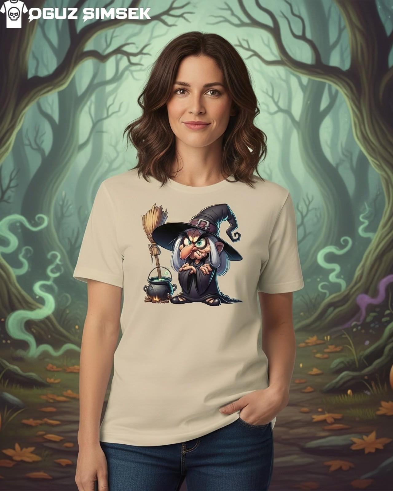 Grumpy Witch T-Shirt Mens Womens Tees Top | Cartoon Hag with Broom and Cauldron Tee Unisex T-Shirt Mens Womens Tees Top M
