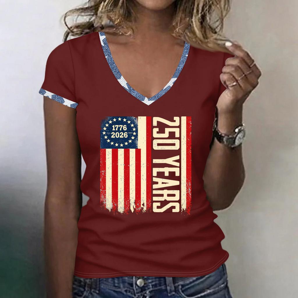 Womens V Neck Short Sleeve T Shirt 250 Years 1776 2026 Graphic Print Casual Loose Fit Top for Everyday Wear