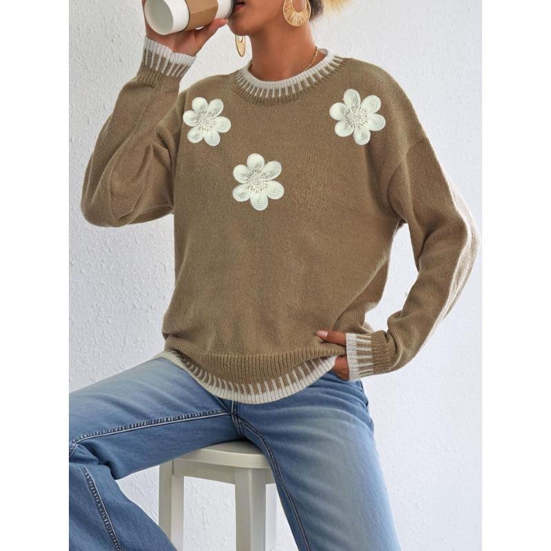 

2025 Новый осенне-зимний женский повседневный пуловер, свободный свитер, модный топ с вышивкой S коричневый