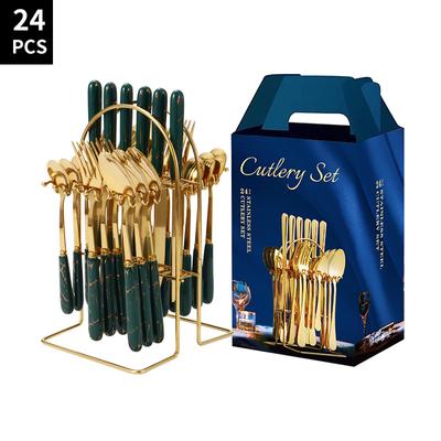 Paslanmaz Çelik Sofra Porselen Saplı Takım Elbise Batı Sofra Bıçak, Çatal ve Kaşık Kaşık 24 Parça Set Hediye Seti Takım Elbise