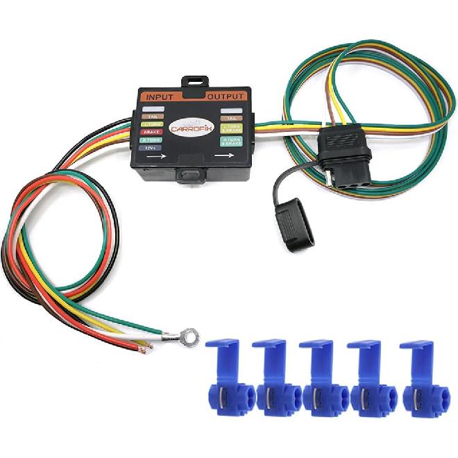 Powered 3-to-2-Wire Trailer Tail Light Converter with 1.5ft Leads and 4.8ft 4-Way Wiring Harness Connector - LED Compatible
