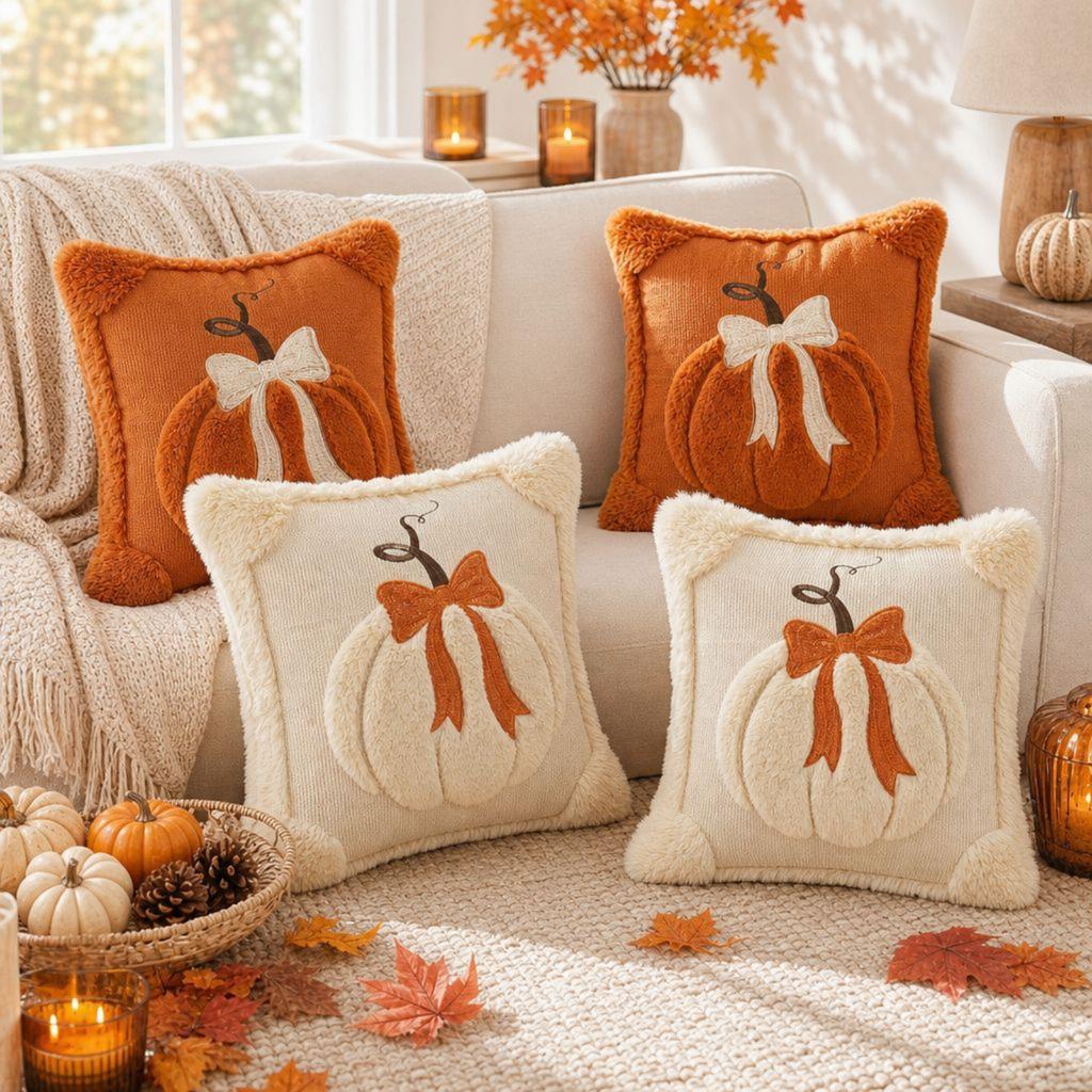 Embroidered Pumpkin Throw Pillow Cover Soft Textured Sofa Cushion Case Decorative Accent for Living Room Autumn Home Decor 18x18 Inches