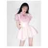 Summer suit Polo collar short bubble sleeve casual top women's strap short skirt two-piece set free bow tie