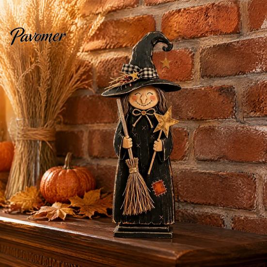 Vintage Style Witch Party Supplies Wooden Figurine, Halloween Statues with Decorations for Home Display Broom Pumpkin Black Cat, Fall Farmhouse