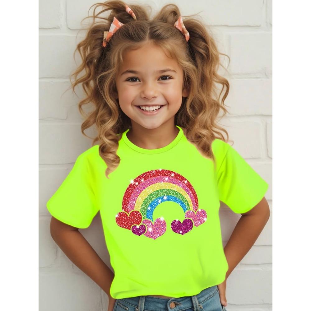 Children Cute T-Shirt for Girls Music Rainbow Print T-Shirt Girl Fashion Crew Neck Short Sleeve Top Clothing Gift Children Tops