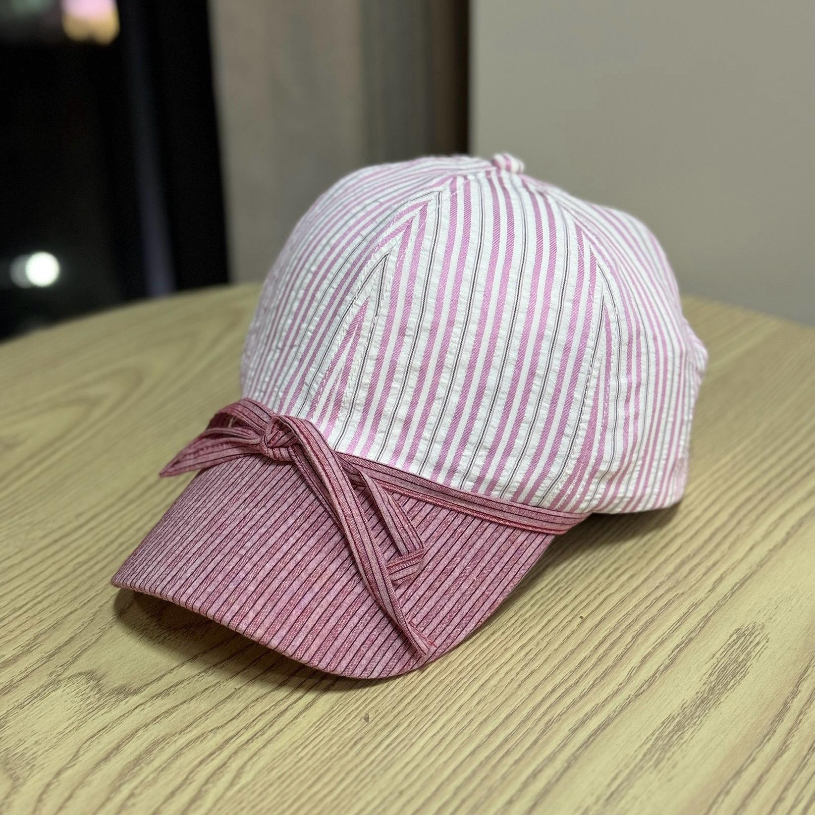 

Casual, simple, and stylish bowknot soft-top baseball cap with stripes, versatile for large head sizes and round faces, sun-shading and Adult54-60Adjustable рожевий