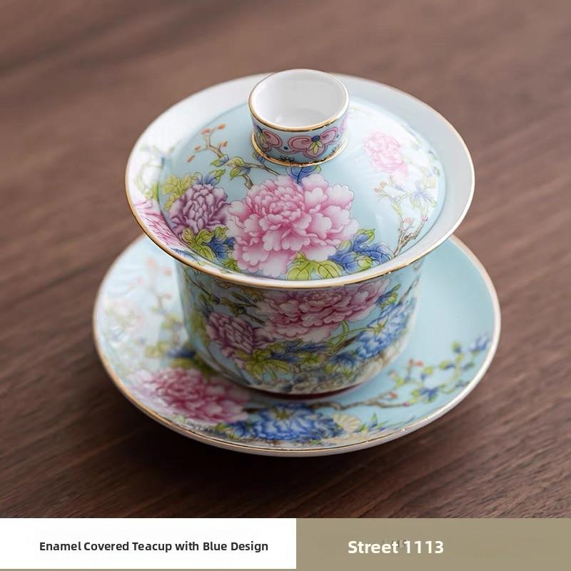 Enamel Color Ceramic Tea Cup Gongfu Tea Set Home Use Drinking Cup Style Peony Handmade Craft High Temperature Glaze