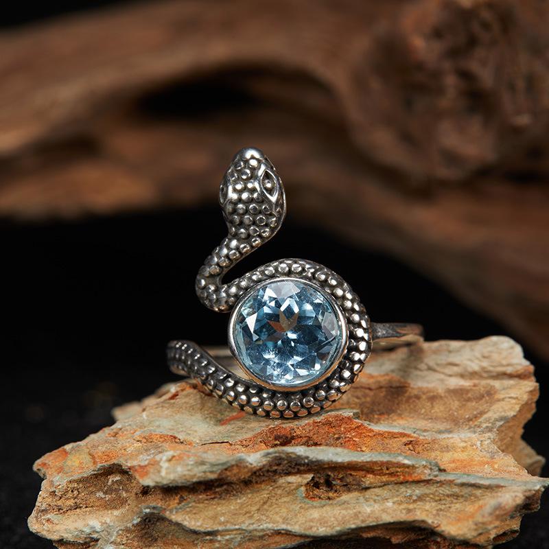 S925 Sterling Silver Natural Amethyst Topa Cat Eye Colored Treasure Thai Silver Ring Snake Hipster Personality Exaggerated Open Ring