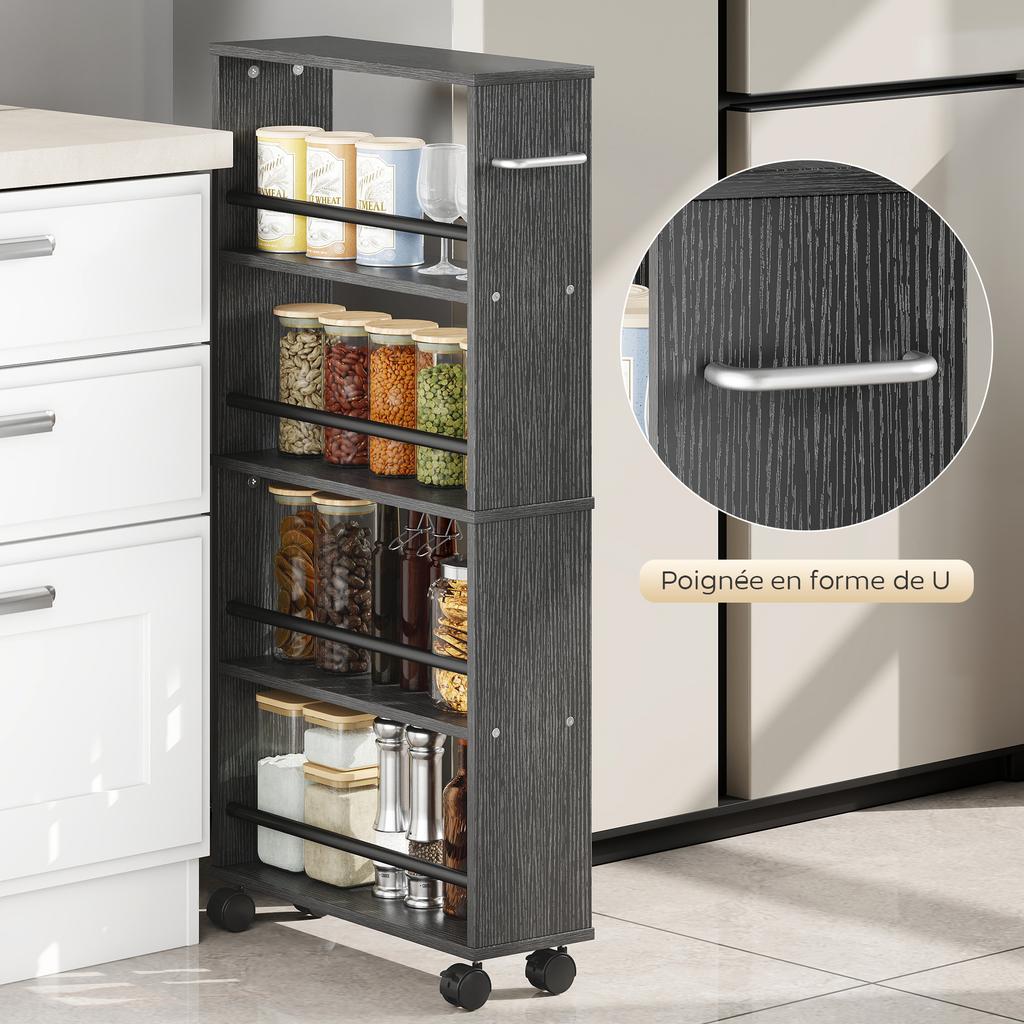 Storage Trolley, 4-Tier, Rolling Cart with Handles, Narrow, 45 x 15 x 91 cm, Black