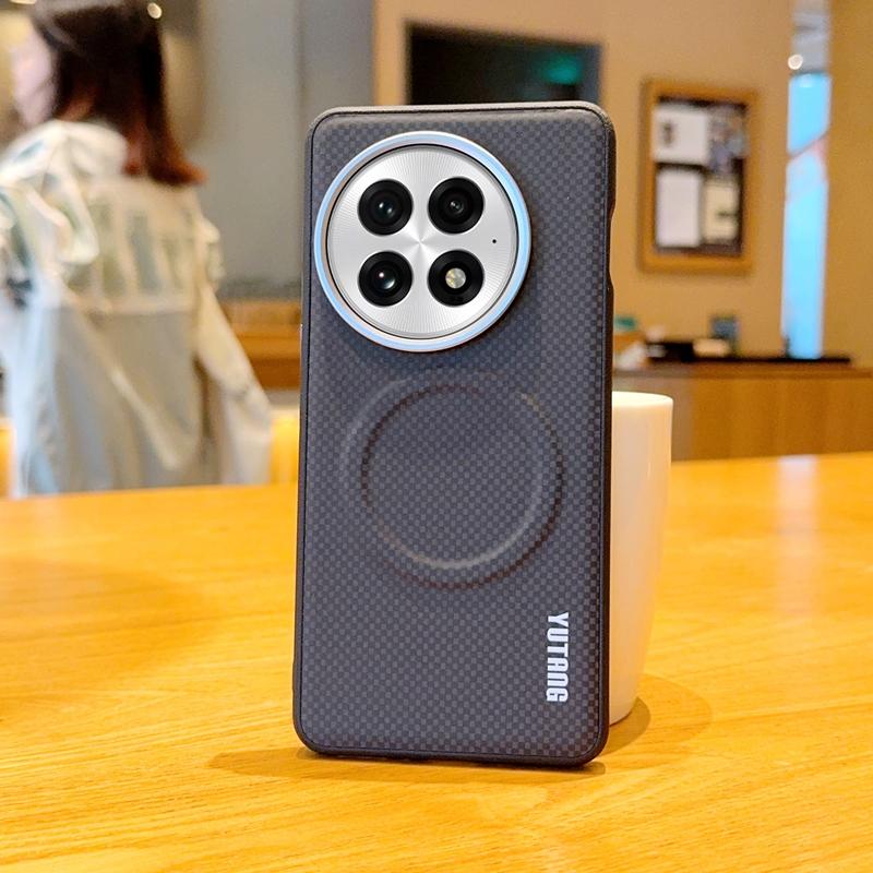 For OnePlus 13 1+ 13 Case Magnetic Carbon Fiber Texture PU Leather Skin Protective Back Metal Lens Button Soft Cover