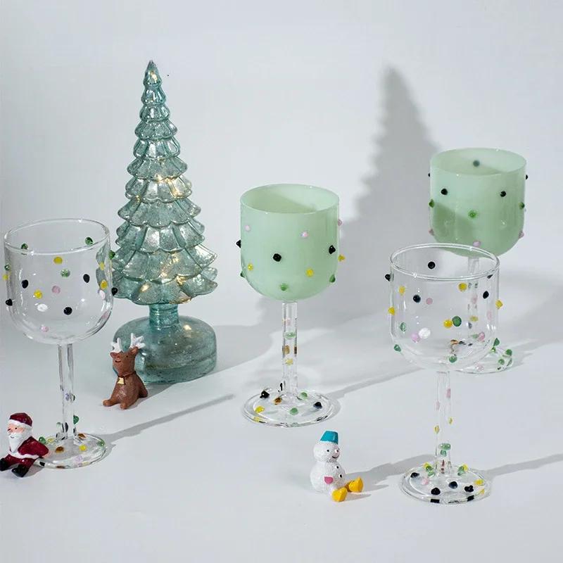 Hand Made Goblet Glass Cup with Colorful Candy Dots Cocktail Glass Juice Dessert Water Cup Wine Glass Drinkware Heat Resistant